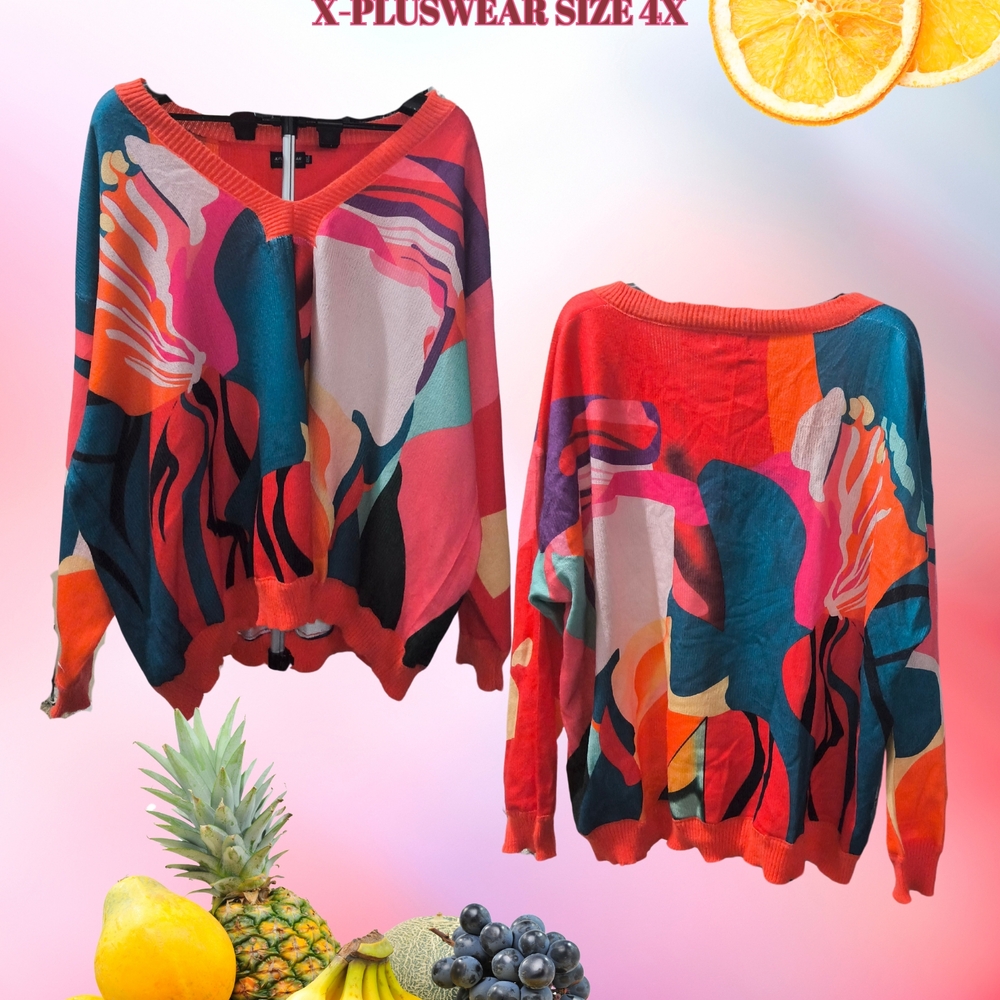 Artistic Red and Orange V-Neck Sweater with Fluid Design